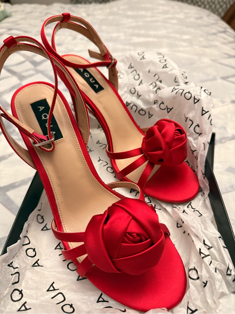 Aqua Red Satin Rose-Embellished Open-Toe Slingback Heels